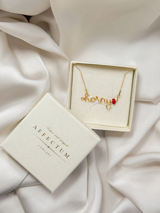 Colier handmade cu mesajul "Horny" si jasp rosu, piatra focului