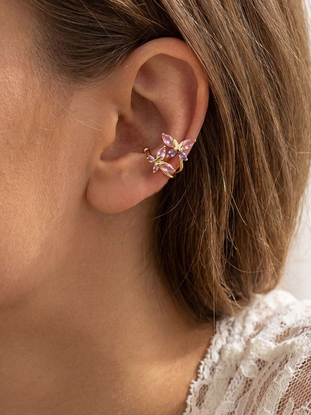 Peonies & Honey - earcuff auriu/argintiu cu fluturi